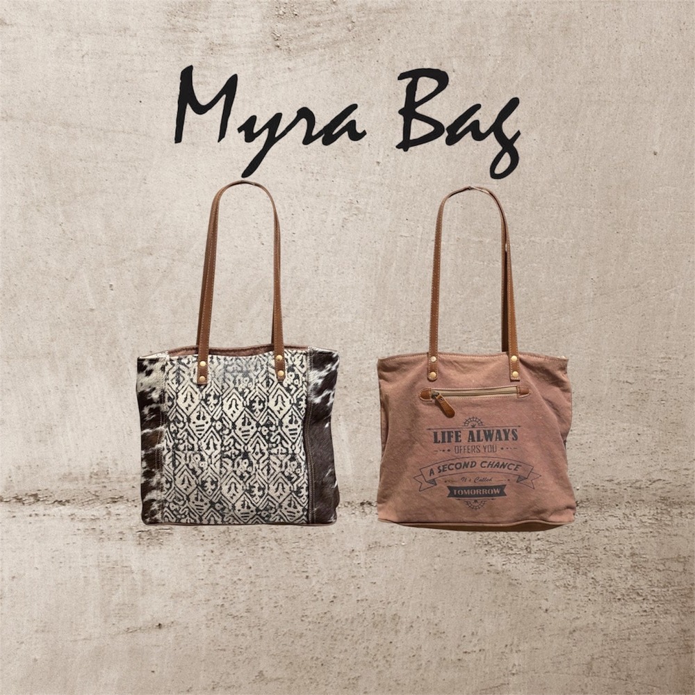 Myra Bag Tote Bag Large Brown Cowhide Canvas Graphic Tribal EUC